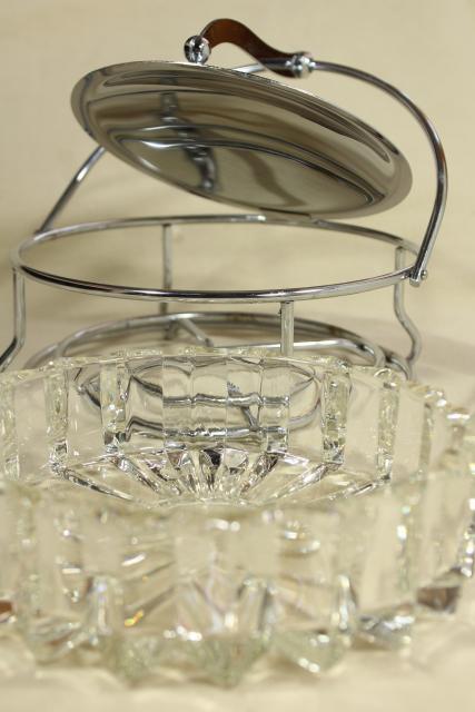 photo of art deco moderne vintage glass and chrome ashtray or server, tilt lid w/ lever lift #14