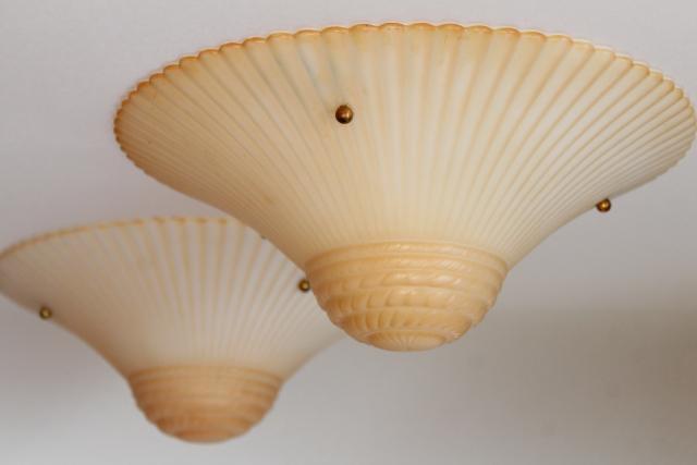 photo of art deco opalescent milk glass pendant light shades, funeral lamp peach luster tint #1