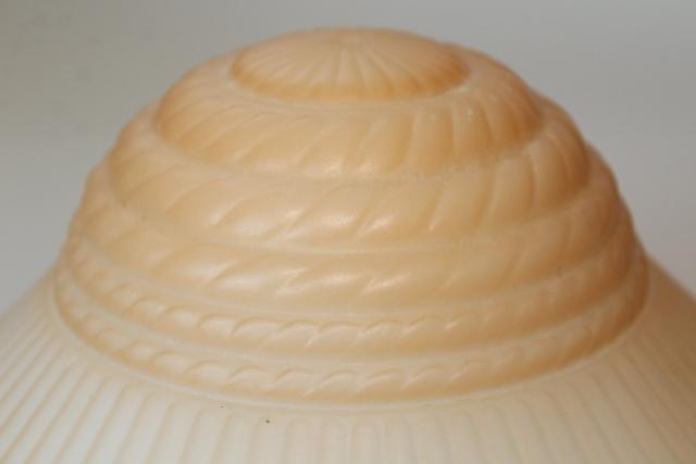 photo of art deco opalescent milk glass pendant light shades, funeral lamp peach luster tint #3