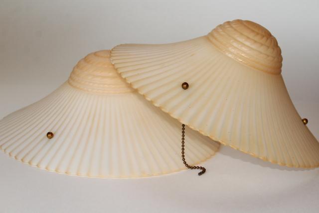 photo of art deco opalescent milk glass pendant light shades, funeral lamp peach luster tint #4