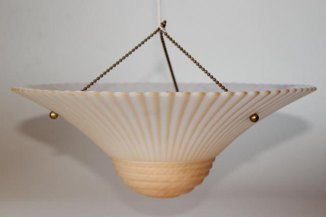 photo of art deco opalescent milk glass pendant light shades, funeral lamp peach luster tint #5