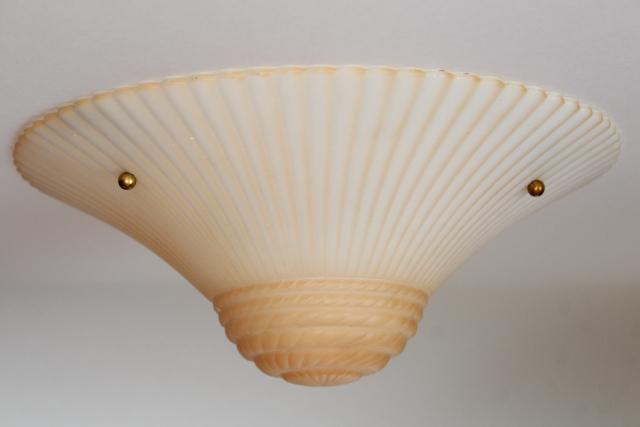 photo of art deco opalescent milk glass pendant light shades, funeral lamp peach luster tint #6