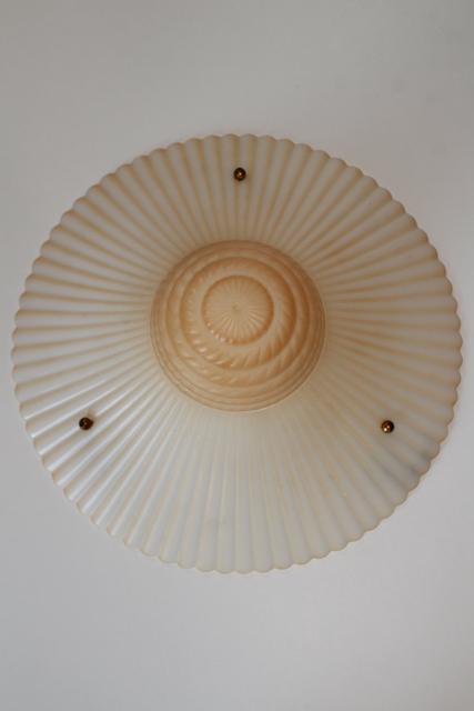 photo of art deco opalescent milk glass pendant light shades, funeral lamp peach luster tint #7