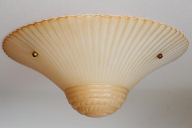 photo of art deco opalescent milk glass pendant light shades, funeral lamp peach luster tint #9