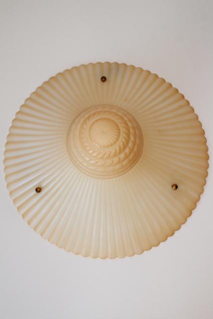 photo of art deco opalescent milk glass pendant light shades, funeral lamp peach luster tint #10