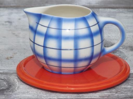 photo of art deco orange trivet & blue plaid cream pitcher, vintage Czech china #1