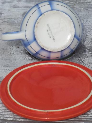 photo of art deco orange trivet & blue plaid cream pitcher, vintage Czech china #4