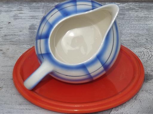 photo of art deco orange trivet & blue plaid cream pitcher, vintage Czech china #5