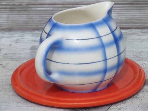 photo of art deco orange trivet & blue plaid cream pitcher, vintage Czech china #7