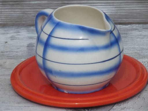 photo of art deco orange trivet & blue plaid cream pitcher, vintage Czech china #8