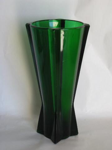 photo of art deco shape vintage forest green depression glass flower vase #2