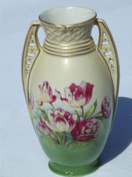 catalog photo of art deco vintage Austria porcelain vase, china urn w/ tulips floral