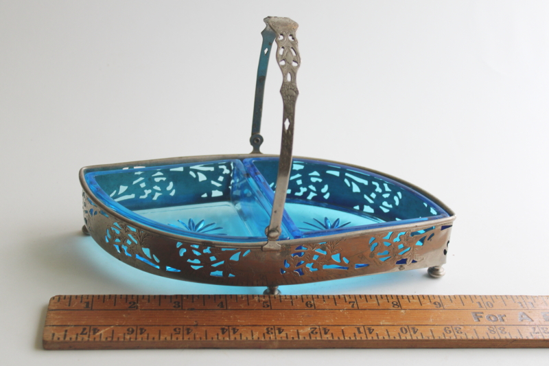 photo of art deco vintage Farberware pierced metal basket candy dish or trinket holder, aqua blue glass  #2