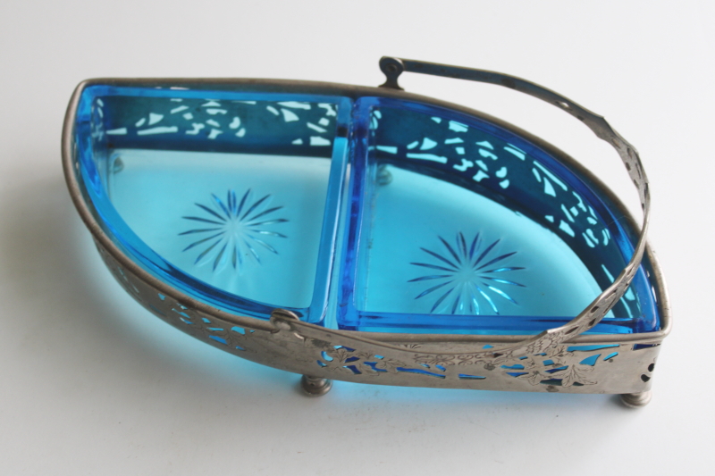 photo of art deco vintage Farberware pierced metal basket candy dish or trinket holder, aqua blue glass  #3