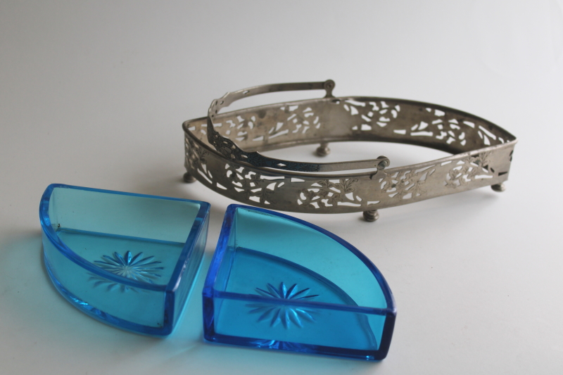 photo of art deco vintage Farberware pierced metal basket candy dish or trinket holder, aqua blue glass  #4