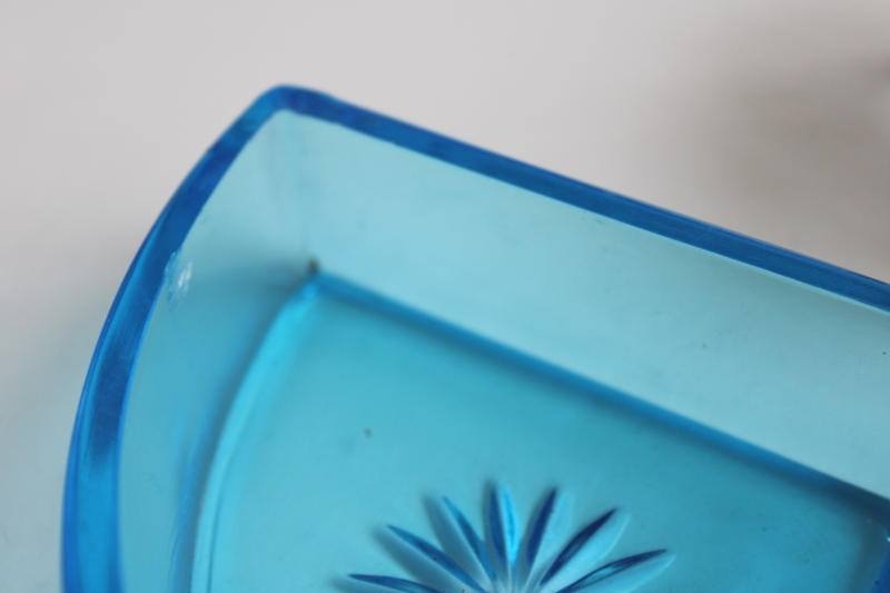 photo of art deco vintage Farberware pierced metal basket candy dish or trinket holder, aqua blue glass  #5