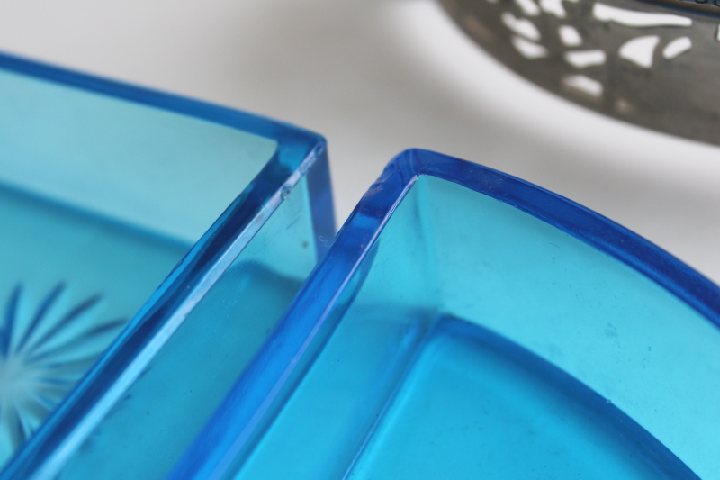 photo of art deco vintage Farberware pierced metal basket candy dish or trinket holder, aqua blue glass  #6