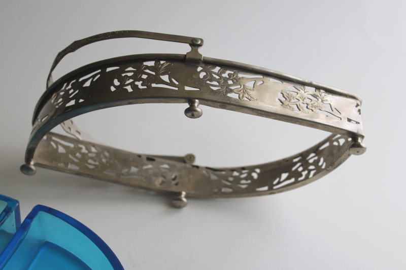 photo of art deco vintage Farberware pierced metal basket candy dish or trinket holder, aqua blue glass  #7