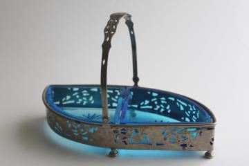 catalog photo of art deco vintage Farberware pierced metal basket candy dish or trinket holder, aqua blue glass 