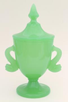 catalog photo of art deco vintage Fenton dolphin jar w/ lid, green opaline glass candy dish