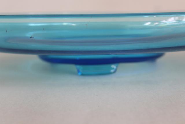 photo of art deco vintage Fostoria Royal blue glass footed console bowl, plain without etch pattern #3