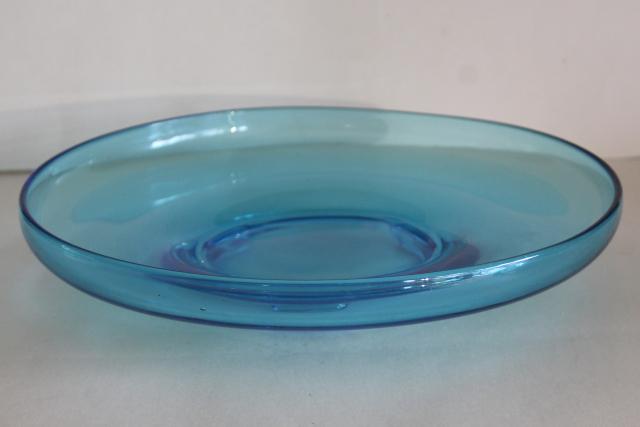 photo of art deco vintage Fostoria Royal blue glass footed console bowl, plain without etch pattern #4