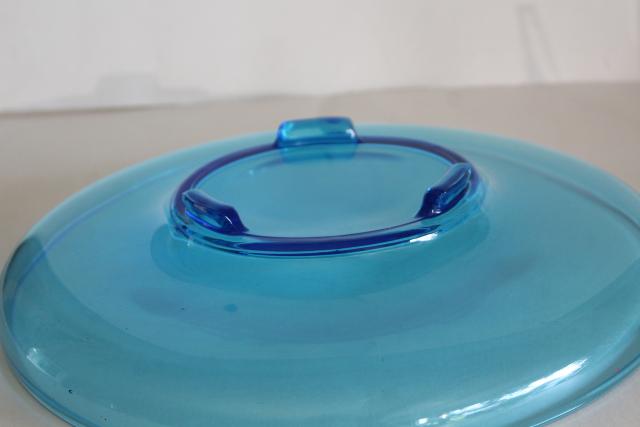 photo of art deco vintage Fostoria Royal blue glass footed console bowl, plain without etch pattern #5