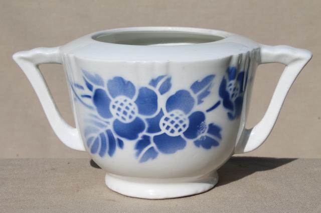 photo of art deco vintage French sugar bowl, blue & white nordic pattern china Orchies France #3