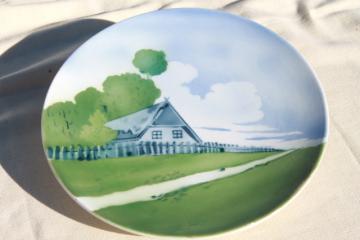 catalog photo of art deco vintage Germany ceramic pottery plate, old German country cottage scene 