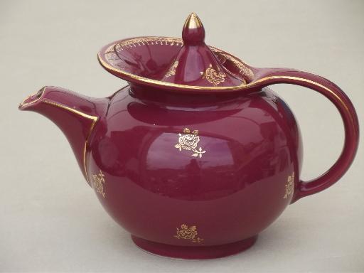 photo of art deco vintage Hall china tea pot, maroon teapot w/ gold rose print  #1