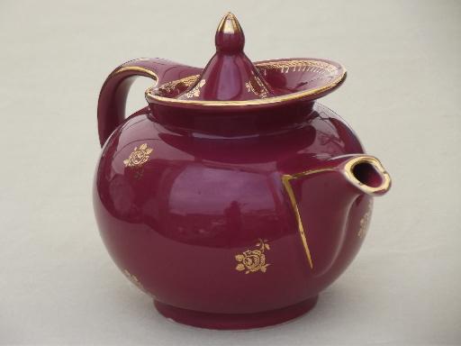 photo of art deco vintage Hall china tea pot, maroon teapot w/ gold rose print  #2