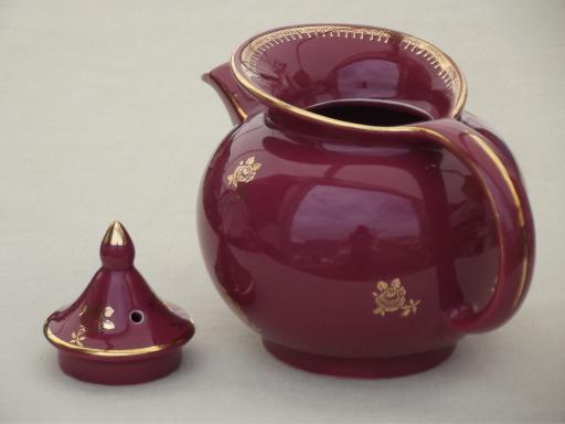 photo of art deco vintage Hall china tea pot, maroon teapot w/ gold rose print  #3