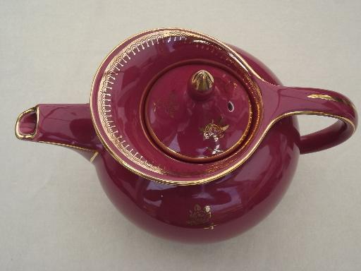 photo of art deco vintage Hall china tea pot, maroon teapot w/ gold rose print  #4