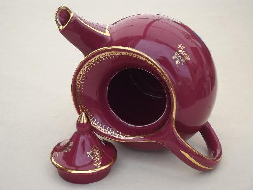 photo of art deco vintage Hall china tea pot, maroon teapot w/ gold rose print  #5