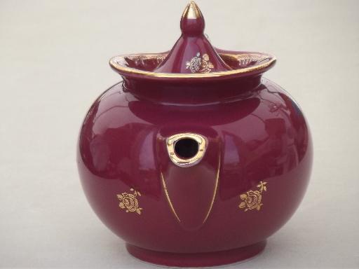 photo of art deco vintage Hall china tea pot, maroon teapot w/ gold rose print  #8