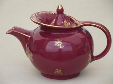 catalog photo of art deco vintage Hall china tea pot, maroon teapot w/ gold rose print 