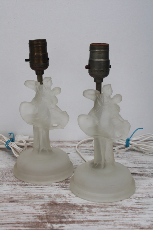 photo of art deco vintage Houze glass boudoir lamps, dancing couple figures in frosted crystal #1