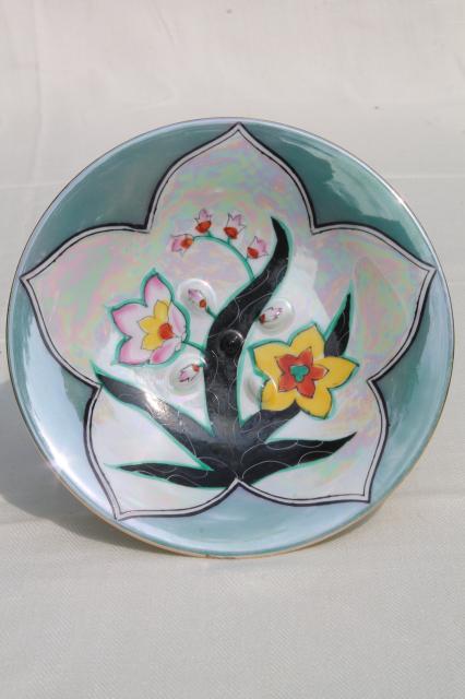 photo of art deco vintage Japan porcelain pedestal plate w/ Clarice Cliff style hand painted design #1