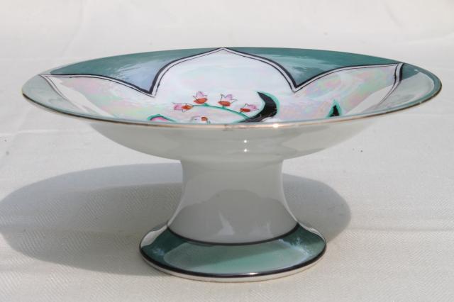 photo of art deco vintage Japan porcelain pedestal plate w/ Clarice Cliff style hand painted design #2