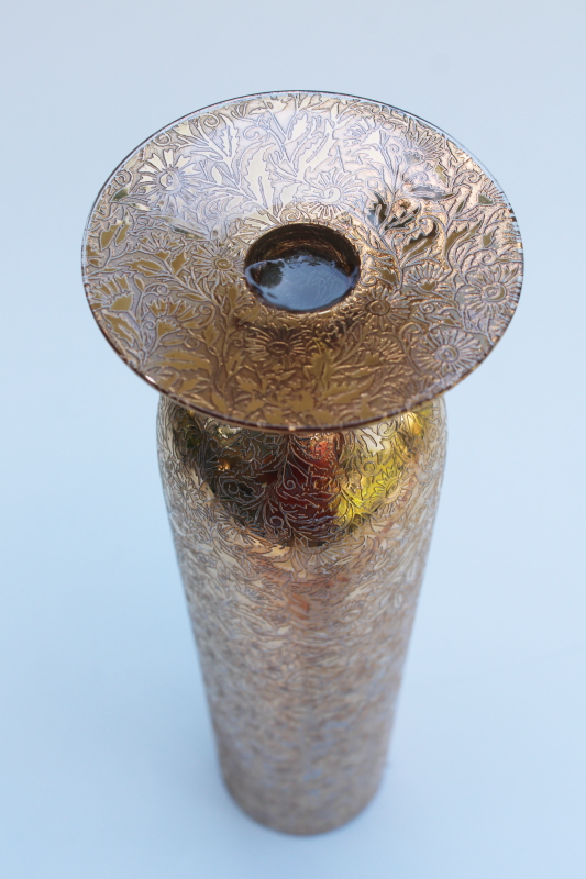 photo of art deco vintage Lotus etched glass vase, chintz floral w/ encrusted gold, 1930s elegant glass #4