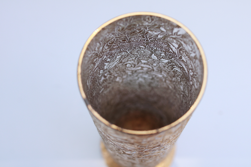photo of art deco vintage Lotus etched glass vase, chintz floral w/ encrusted gold, 1930s elegant glass #6