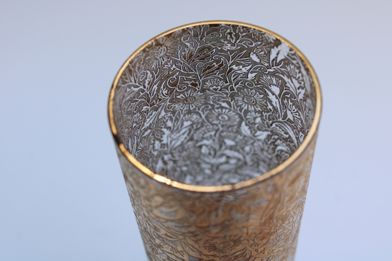 photo of art deco vintage Lotus etched glass vase, chintz floral w/ encrusted gold, 1930s elegant glass #7