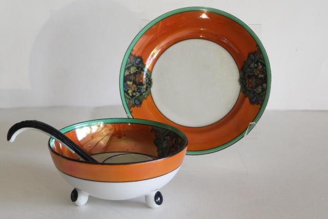 photo of art deco vintage M mark Noritake china mayo or sauce dish w/ spoon, orange black jade green #1
