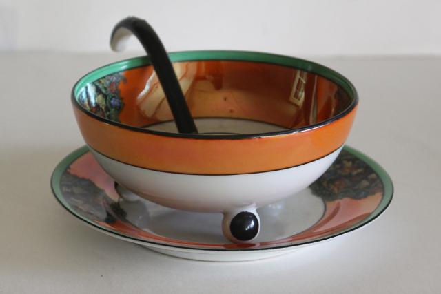 photo of art deco vintage M mark Noritake china mayo or sauce dish w/ spoon, orange black jade green #5