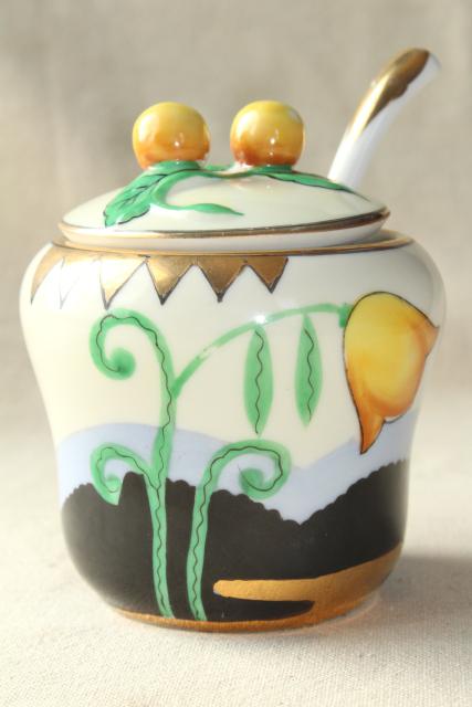 photo of art deco vintage Noritake china jam pot, orange & black mod floral design  #1