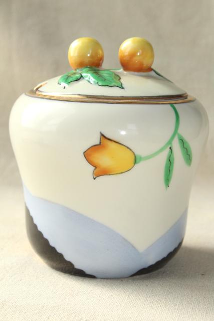 photo of art deco vintage Noritake china jam pot, orange & black mod floral design  #4