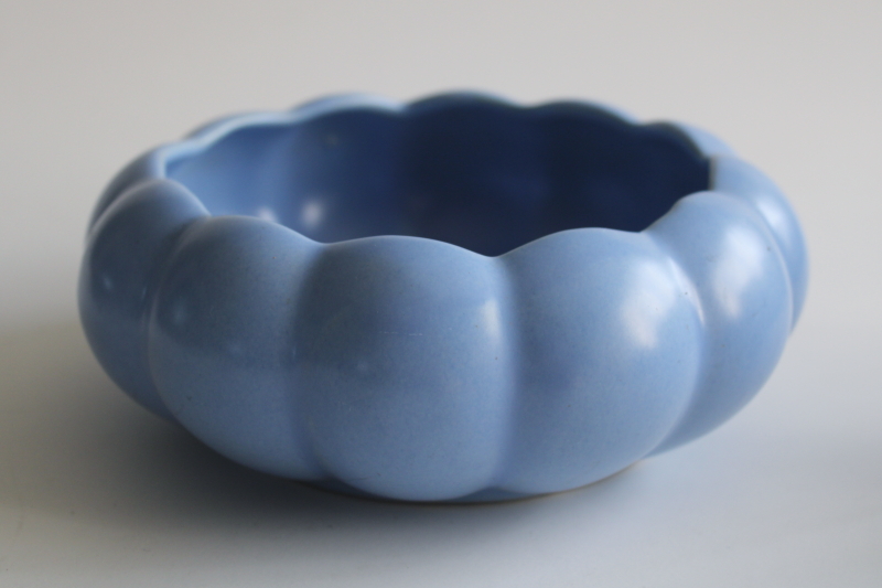 photo of art deco vintage Rumrill pottery planter, melon shape flower bowl smoky blue glaze  #1