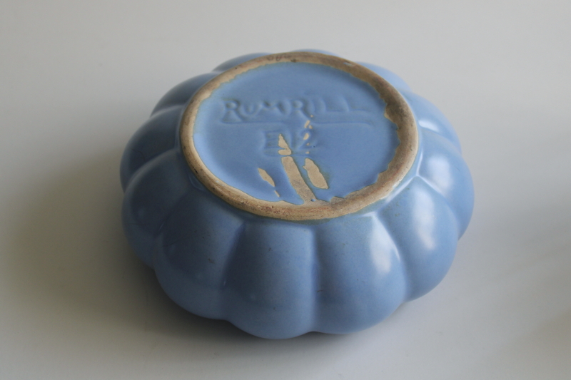 photo of art deco vintage Rumrill pottery planter, melon shape flower bowl smoky blue glaze  #3