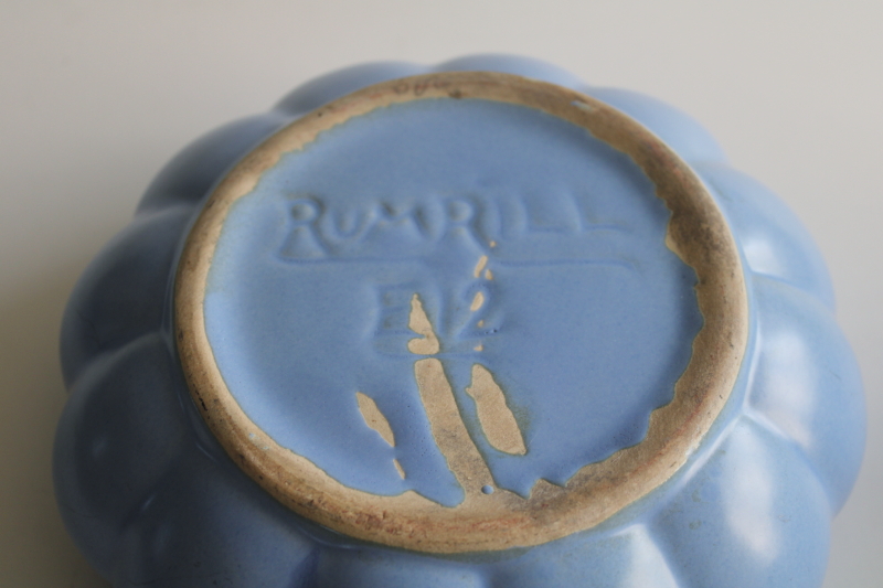 photo of art deco vintage Rumrill pottery planter, melon shape flower bowl smoky blue glaze  #4