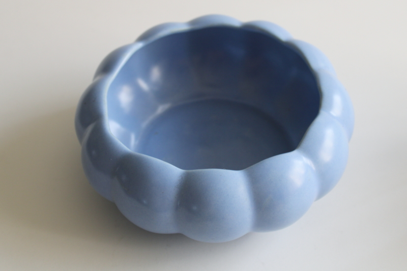 photo of art deco vintage Rumrill pottery planter, melon shape flower bowl smoky blue glaze  #5